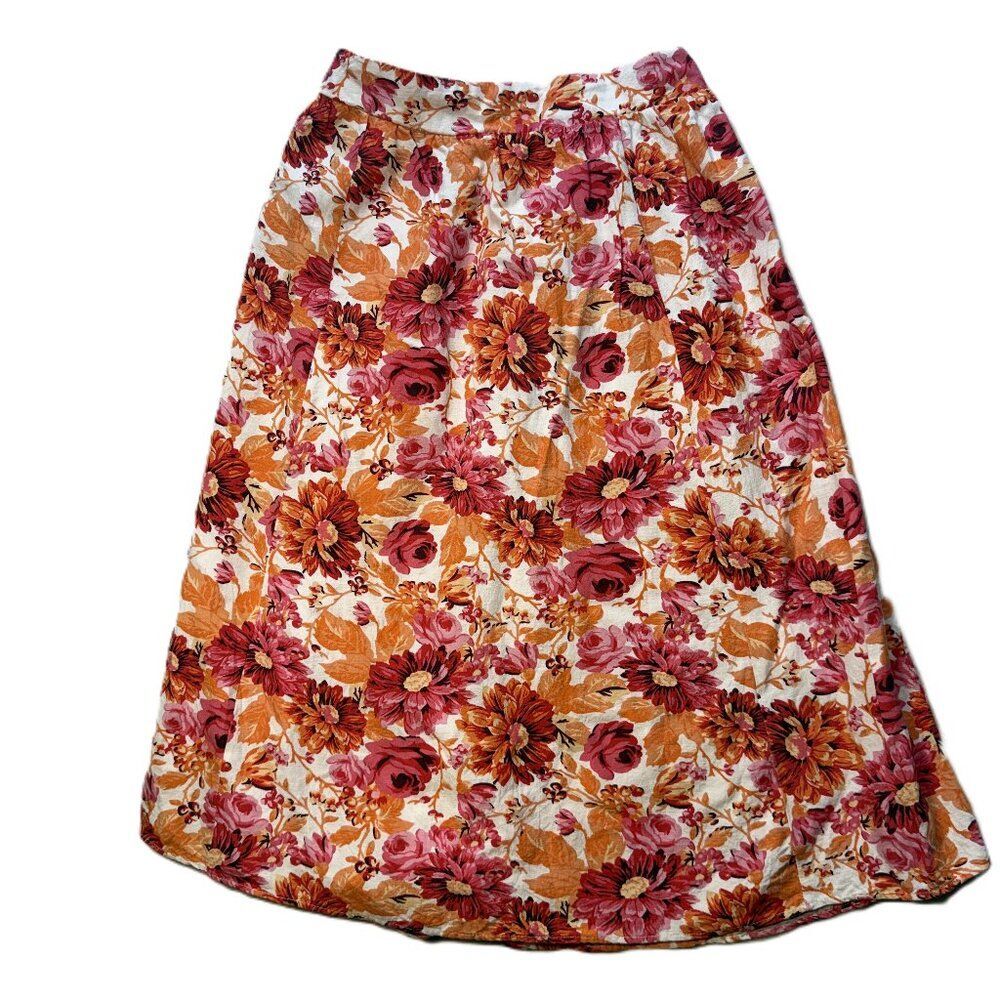 Japna Floral Midi Skirt Pink Orange Botanical Print A-Line Pull On Size L Boho